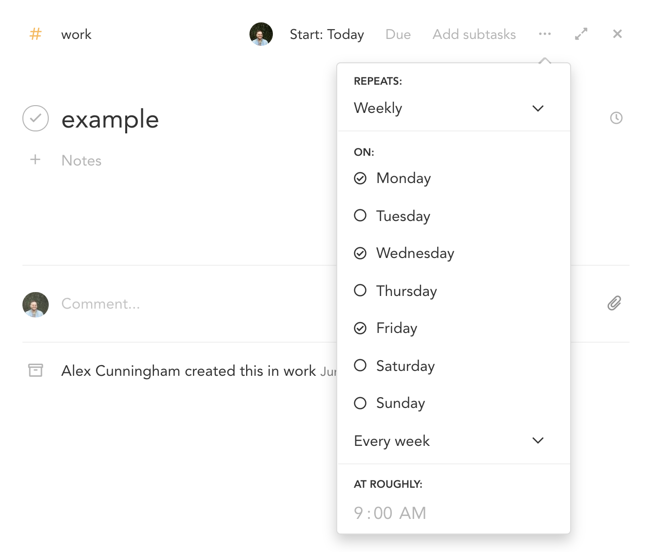 Weekly recurring task options